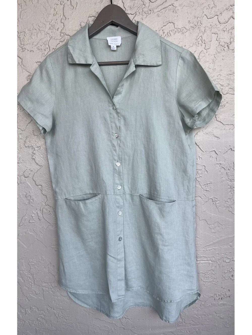 Sigrid Olsen Short Sleeves Linen Dress size Small Light Sage Green Front Pockets